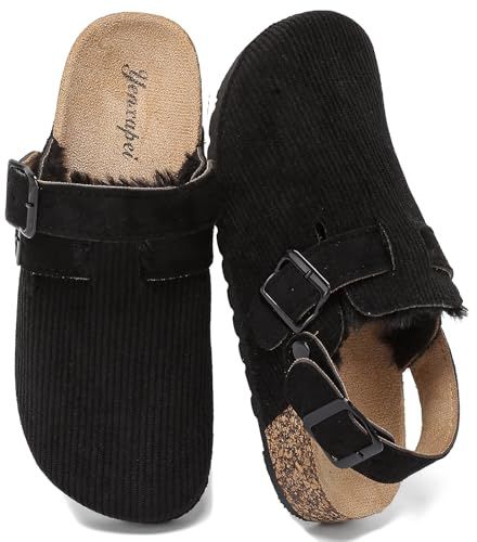 Corduroy Clogs Fuzzy Women Men Mules with Back Strap, Leather Closed Toe Sandals, Soft Cork Footbed Adjustable Buckle Potato Shoes, Memory Foam Fleece-Lined Warm Slippers