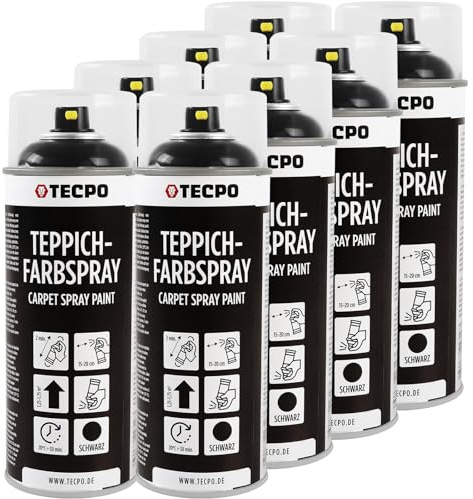 TECPO Spray de pintura para alfombras, 8 x 400 ml, color negro, para alfombras, alfombrillas de coche, tejido de goma, plástico, tratamiento interior