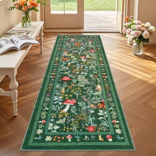 GEANUP Teppich Läufer Flur 60x180 cm, Grün Küchenläufer Waschbar rutschfest, Weicher Schlafzimmer Teppich Läufer, Märchen-Pilz Flurteppich für Korridor Waschküche Wohnzimmer Kinderzimmer
