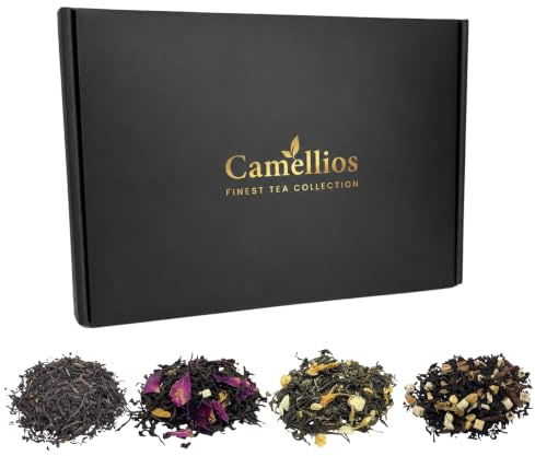 Tea Sampler Gift Set, 4 Loose Leaf Teas, Luxury Box, Camellios | 4 Blends, 40+ Cups | Ideal Gift for Her and Him | Ready to Give | UK Hand Blended