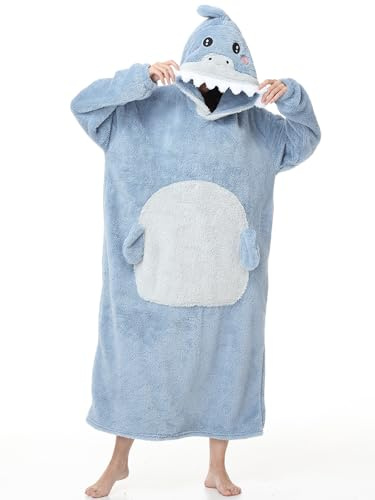 Piacevole a maniche animali Coperta con cappuccio portatile unisex con grandi tasche felpa oversize morbida spessa calda, Squalo-2, Taglia unica