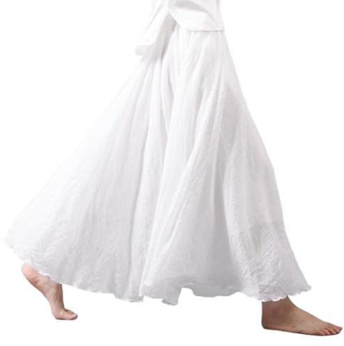 Peosaard Jupes en Lin pour Femmes, Jupe Longue en Lin Jupe Longue bohème Blanche avec Plis Ligne A Double Couche Taille élastique d'été 33, 5 Pouces Robe de Plage Fluide pour Femmes, Fille, Blanc