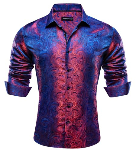 Barry.Wang Mens Dress Shirts Silk Luxury Paisley Big and Tall Long Sleeve Shirt Business Wedding Party Red Black S-3XL