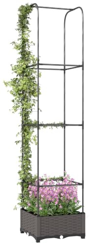 Maceta elevada con enrejado Outsunny, maceta de plástico con riego automático, orificios de drenaje, tapones de drenaje y depósitos de agua para plantas trepadoras, hortalizas y flores, 40 x 40 x 179
