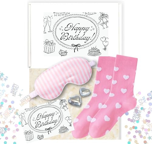 Happy Birthday Letterbox Gift for Her – Pink Heart Socks, Sleep Mask & Chocolate Treats Pamper Gift Set