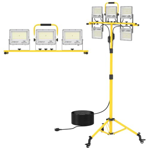 AUTOUTLET LED Baustrahler mit Rollstativ 350W, IP66 Wasserdicht & 5M Kabel | Mit Feststellbremse, 28500LM Baulampe 6500K Kaltweiß Licht, 118-174cm Höhenverstellbar, Abnehmbar, für Garage Baustelle usw