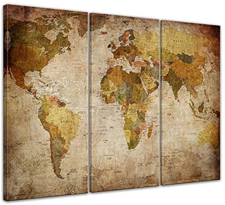 Bilderdepot24 Bild auf Leinwand | Weltkarte retro I in 150x90 cm mehrteilig als Wandbild XXL | Wand-deko Dekoration Wohnung modern Bilder | 202101