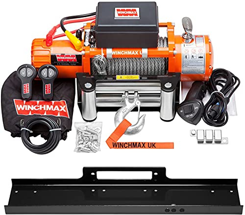 Winchmax 13500 LB / 6123 kg Cabrestante Original Naranja de 12v. Cable de Acero de 26 MX 9,5 mm. Gancho con bisagras de 3/8 de Pulgada. Placa de Montaje en Suelo.