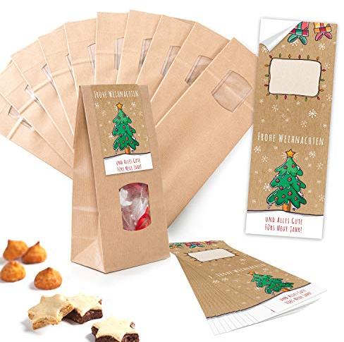 Logbuch-Verlag 25 weihnachtliche Papier Tüten mit Fenster + Sticker FROHE WEIHNACHTEN - Plätzchen Weihnachtskekse Verpackung