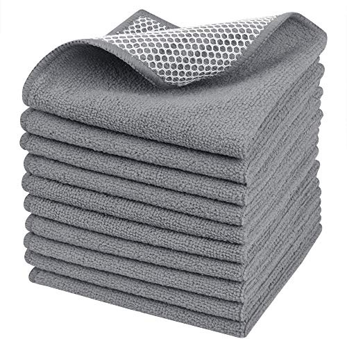 SINLAND 10er Set Mikrofaser Spültücher Geschirrtücher Mit Polyester Mesh streifenfrei Spüllappen wiederverwendbar Reinigungstücher Mikrofasertücher Staubtuch für Auto, Küche, Bad 30cmx30cm Hellgrau