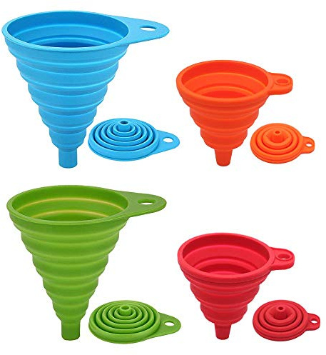 BREEZO Trichtersatz Faltbarer Trichter, 4er Pack Silikon-Trichter für Küche und Haushalt Wasserflaschen Öl Flüssigkeiten und Pulver, Lebensmittelecht, 4 Farben (2 Groß + 2 Klein)