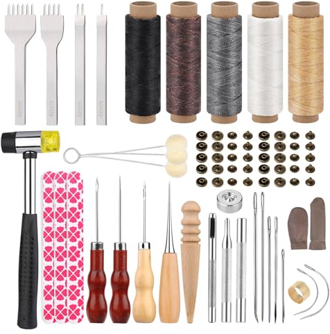 Qzma 45 Pcs Leather Tools, Leather Working Tools with Waxed Thread, Prong Punch and Rivets, Leather Sewing Kit for Stamping, Punching, Repairing, Stitching