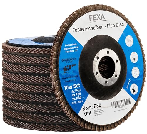 Fexa Fächerscheiben 125 für Winkelschleifer - Körnung 40/60/80 Set 10 Stück - Fächerscheibe für Holz, Plastik, Metall - Braun, Korund 125 mm