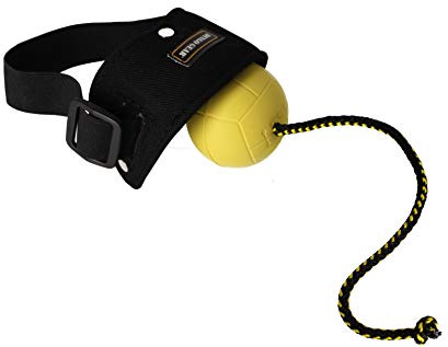 Dingo Gear Ball für Training schwimmed Ball weich Gummiball Farbe Gelb apport Spiel mit Hund Ausbildung (Set Ballhalter+ Bäll # 70 mm Seil 30 cm)