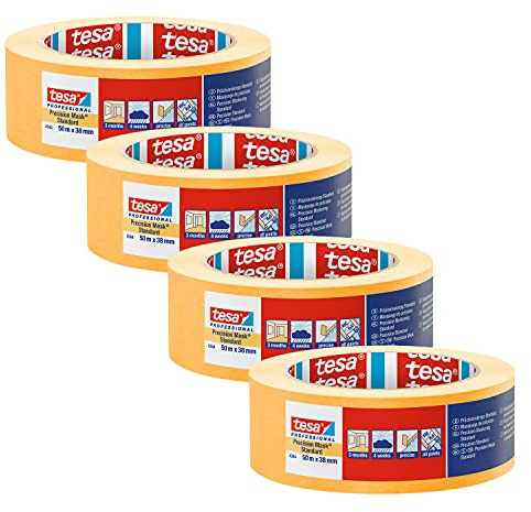 tesa Präzisionskrepp Standard 4344-4er-Pack - 50 m x 38 mm - Orange | Professioneller Malerkrepp mit dünnem Papierträger - zum präzisen Abkleben und Abdecken