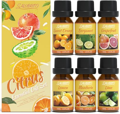 SALUBRITO Citrus Essential Oils Set, Premium Fruit Fragrance Oils for Diffusers and Home, Candle Making - Sweet Orange, Bergamot, Grapefruit, Mandarin, Lime, Lemon Essential Oil, 6x10ml