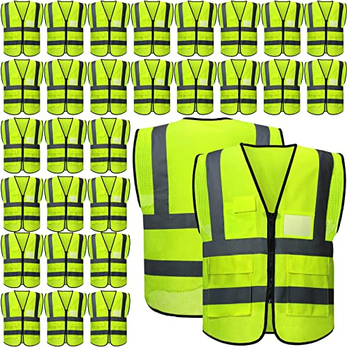 JaGely 30 Pack Reflective Safety Vests with Pockets, High Visibility Mesh Construction Vest for Men Women, Neon Yellow, Size L