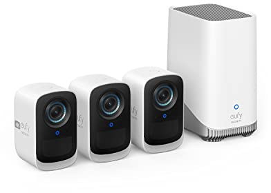 eufy security eufyCam S300 (eufyCam 3C) Kit de 3 caméras de surveillance d'extérieur sans fil 4K, mémoire locale extensible, reconnaissance faciale AI, Spotlight, vision nocturne couleur, 2,4