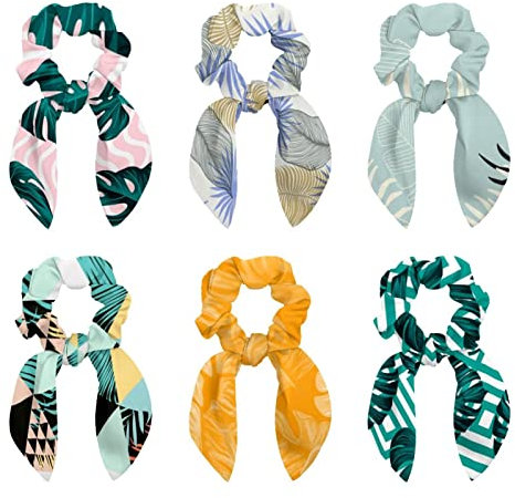 6 Pcs Hair Scrunchies - Palm Leaves Hair Scarf Scrunchy with Ribbon Bow, Elastic Hair Ties Ponytail Holders for Women Teenage Girls