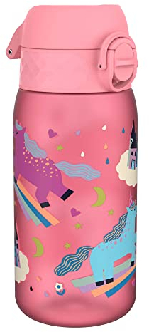 Ion8 Gourde Enfant, 350 ml, Anti-Fuite, Facile à Ouvrir, Verrouillage Sécurisé, Lavable en Lave-Vaisselle, Sans BPA, Poignée de Transport, Facile à Nettoyer, Carbone Neutre, Motif Licornes