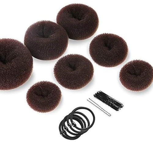 7 Stück Duttkissen, Donut Hair Bun Maker Set, hochsteckfrisuren zubehör, Haarbrotchen Maker, mit 5 Elastische Haarband und 10 u-förmige Haarnadeln, Frisurenhilfe Set für Kinder Mädchen Frauen