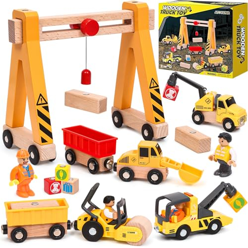 Baufahrzeuge Baustelle Kinder Geschenke Jungen 2 3 4 5 Jahre Holz Magnetisch Fahrzeug Spielzeug mit Portalkran, Bagger, Kranwagen, Straßenroller, Abschleppfahrzeug, Holzspielzeug Geschenkideen Jungen