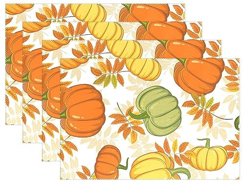 Falling Maple Leaves Pumpkins Orange Yellow Wipe Clean Placemats for Dining Table Linen Kids Plastic Placemats Waterproof Reusable Placemat for Baby Kids Washable Placemats Hard Placemats