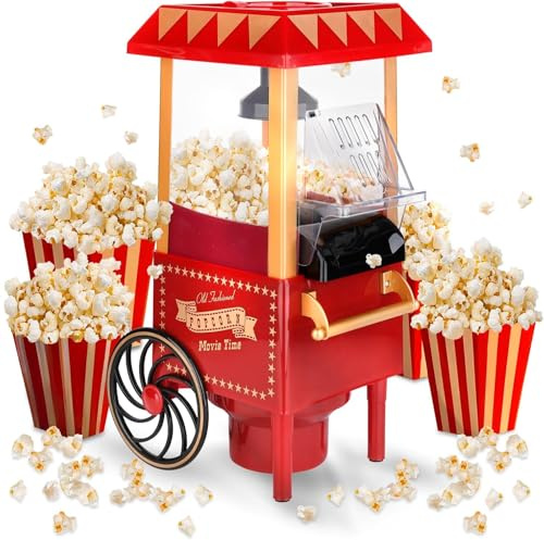 Popcornmaschine mit Heißluft + Dosierer und Behälter – ohne Fett und ohne Öl – Popcorn-Maschine Haus Retro – 1200 W – Vintage Rot