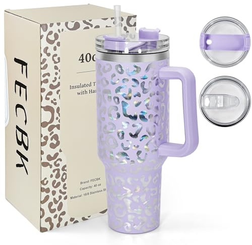 FECBK 40oz Tumbler with Straw and Lid 1.2L, 100% Leak-Proof Travel Mug with Handle, Stainless Steel Vacuum Insulated Water Bottle Coffee Cup Keeps Cold 34H / Hot 12H, Lilac Leopard