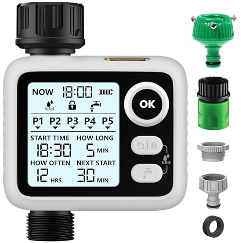 Digital Watering Timer, Programmable Garden Water Timer with Rain Delay, IPX5 Waterproof, Automatic and Manual Watering Modes for Garden, Lawn, Patio, Farm (White)