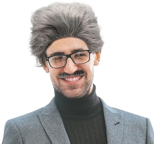 UILYNIU 3 Stück Opa Kostüm Set,Opa Perücke Grau Alter Mann Kostümzubehör Grauer Bart Brille,Professor Alter Großvater Perücke Alter Großvater Perücke Cosplay Zubehör für Karneval Halloween (grau)