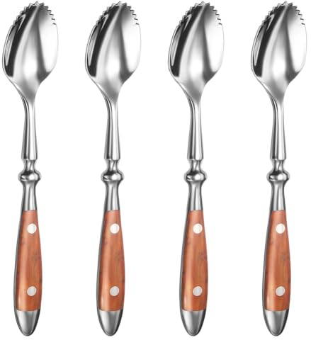 Rordigo Lot de 4 cuillères à pamplemousse à bord ondulé - En acier inoxydable 18/8 - Avec manche en bois