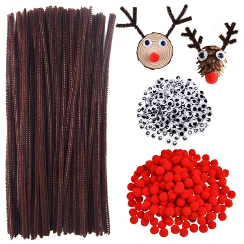 350 PCS Brown Pipe Cleaners Christmas Craft Supplies, Long Pipe Cleaners Limpia Pipas Para Manualidades Googly Eyes Self Adhesive, Fluffy Pipe Cleaners for Christmas Reindeer Project