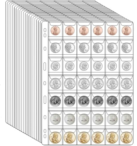 882 Pockets Coin Collection Pages, 21 Sheets Coin Collection Supplies Pages with Standard 9 Hole Coin Binder Sleeves for Penny, Nickel, Dime, Quarter Dollar Collection (42 Pocket)