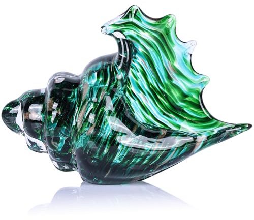 Handblåst glassnäcka snäckskulptur, konstfigurer i havsglas, blåst glasdekor för dekoration, blågrön snäckskal, dekorativa statyer, snäckskal, kustdekor för hylla, hus, strandgåvor