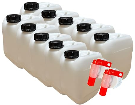 Lot de 10 x Jerrican Bidon Plastique 5 L litres avec Bouchon Étanche et 2 Robinets Verseurs– Idéal pour Liquides Alimentaires et Techniques – Durable et Réutilisable
