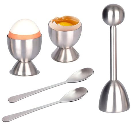 5 Stück Eierköpfer Eierbecher Edelstahl Eieröffner Set, Eierstecher Frühstück Eierbehälter Mit 2 Löffel, Schalentrenner Küchenwerkzeug Für Harte Und Weiche Eier (Silber)