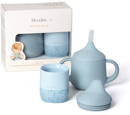 Moonkie Set Svezzamento Bambini 2 Pezzi, Tazza Aperta 60ml & Bicchiere Antigoccia 3 Fasi 120ml, Silicone Alimentare, 4 Mesi+, Senza BPA (Etere)