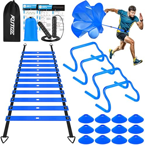 KUTIZE Agility Training Equipment, Soccer Training Equipment, Agility Speed Training Set for Kid Youth Adult, 20FT Agility Ladder, 4 Hurdles,12 Soccer Cones, Jump Rope, Running Parachute, Drill Charts