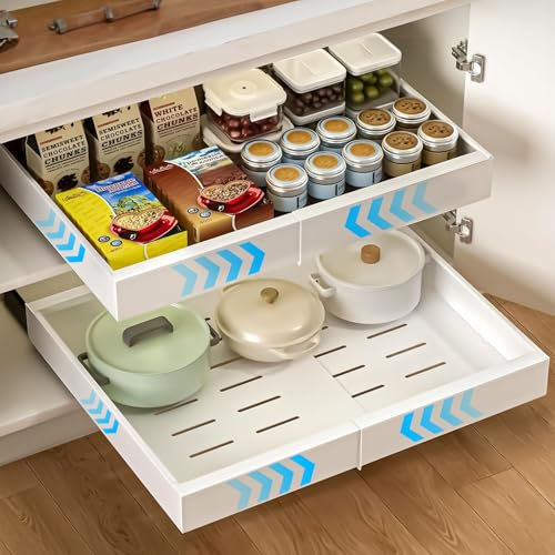 Purpledi Teleskopschublade, Ausziehbare Schublade Küche, Ausziehbarer Schrank Organizer, Teleskopschublade Nachrüsten für für Küche Pantry Organisation Einstellbare Breite 32-53cm （Weiß