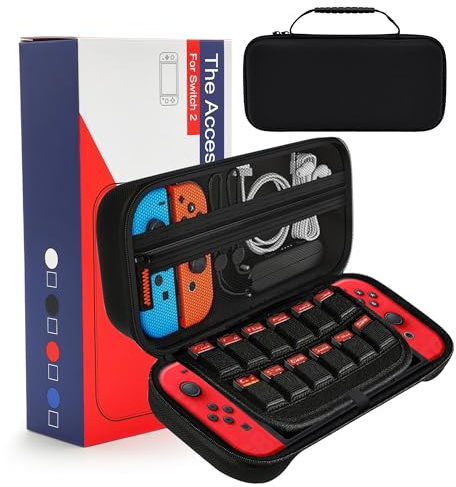 binandteam Gaming Tasche für Nintendo Switch 2 Schutzhülle (2025), Hülle Harte Tragetasche mit Handgelenksriemen, Mesh-Fach Case mit Aufbewahrung für 12 Spiele,Konsole und Zubehör - Schwarz