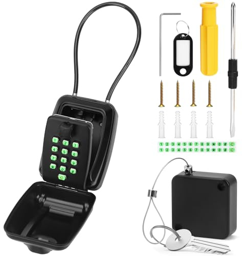 Key Safe Wall Mounted - Portable Key Lock Box Outdoor with Removable Shackle, Retractable Tether & Illuminated Button Stickers - Large Key Box for Home Office, Free of Installation
