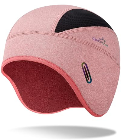 GXCROR Winter Helmet Liner Skull Cap, Fleece Lined Warm Cycling Cap with Glasses Holes, Thermal Hat Beanie for Men Women Pink