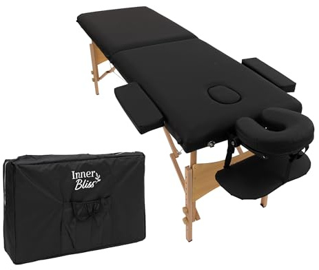 Inner Bliss Portable Massage Table 2 Section Folding Therapy Couch with Wooden Frame and Face Cradle | Lightweight Spa Bed for Beauty Salon Tattoo Physio Treatments | 60cm Wide (Black)