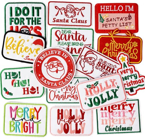 15 Stück Weihnachten Bügelbilder bestickt Urlaub Sprüche Text Satz Applikationen Merry Christmas Santa Ho - DIY Nähen oder Wärmeübertragung Patch Set für Kleidung Jacken Hüte Rucksäcke