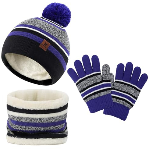 LACOFIA 3 PCS Set di cappello, sciarpa e guanti invernali caldi per bambini, cappelli a maglia con pon pon, fodera in pile termica, scaldacollo, accessori per esterni, per bambini e bambine, età 2-7