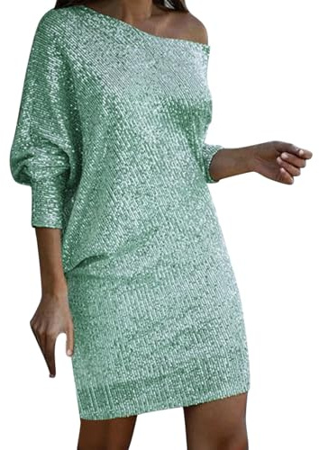 Vestido Vintage para Mujer con Lentejuelas - Sexy con Mangas Largas y Hombros Descubiertos, Color Sólido, Clásico, Casual, Corte Slim, Elegante y Chic, Mini Bolsillo, Vestido para Cóctel y Fiesta