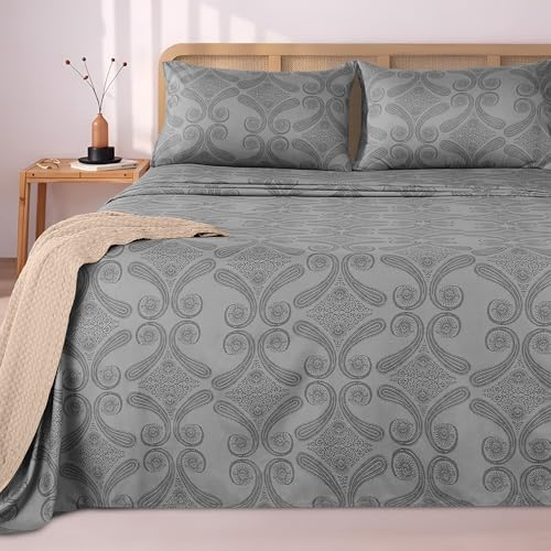 Utopia Bedding Juego de Sabanas Estampado 4 Piezas 180x200 - Poliéster Microfibra Cepillada - Sábana Bajera, Sábana Plana y 2 Fundas de Almohada 50x75 (Cama 180, Paisley Gris)