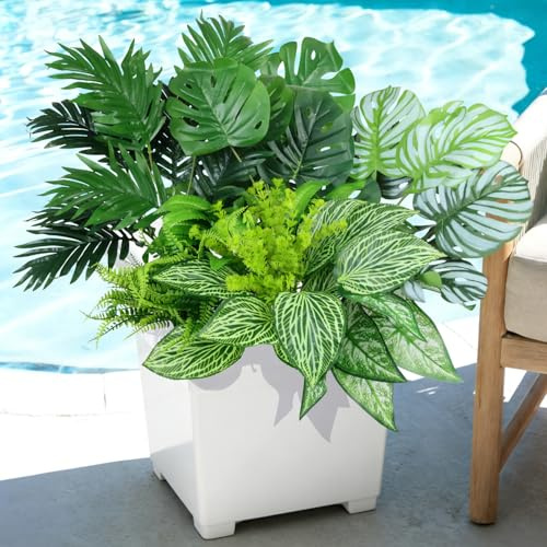 YUGYUM Lot de 10 plantes de verdure artificielles d'extérieur résistantes aux UV - Fougère de Boston avec tiges et fleurs en plastique pour jardin, porche, jardinière, terrasse