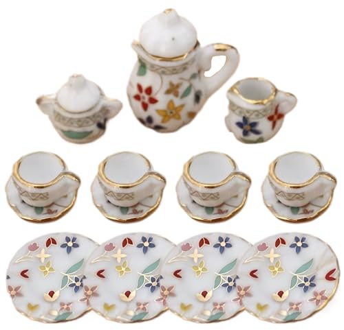 Jorzer Mini Juego de té, Juego de té en Miniatura de Porcelana a Escala 1: 12 con Mini Tazas, Plato y Tetera para Accesorios de casa de muñecas en Miniatura, Juguetes y Juegos.-